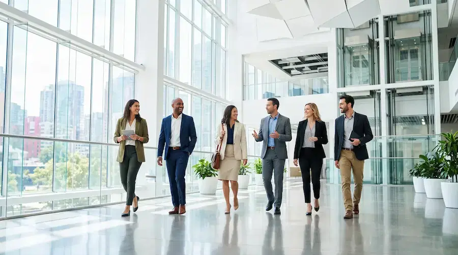 A group of professionals in business attire walking through a modern building.