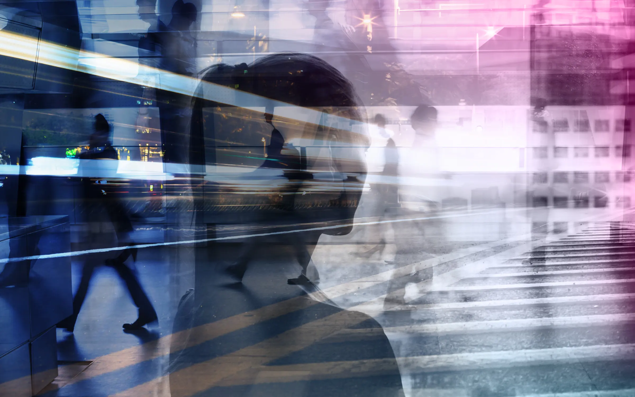 Double-exposure merging a person's profile with cityscape imagery to represent business connectivity and enterprise systems.